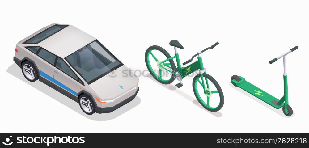 Eco friendly technology isometric collection with isolated icons of electric battery automobile bicycle and kick scooter vector illustration