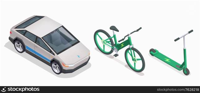 Eco friendly technology isometric collection with isolated icons of electric battery automobile bicycle and kick scooter vector illustration