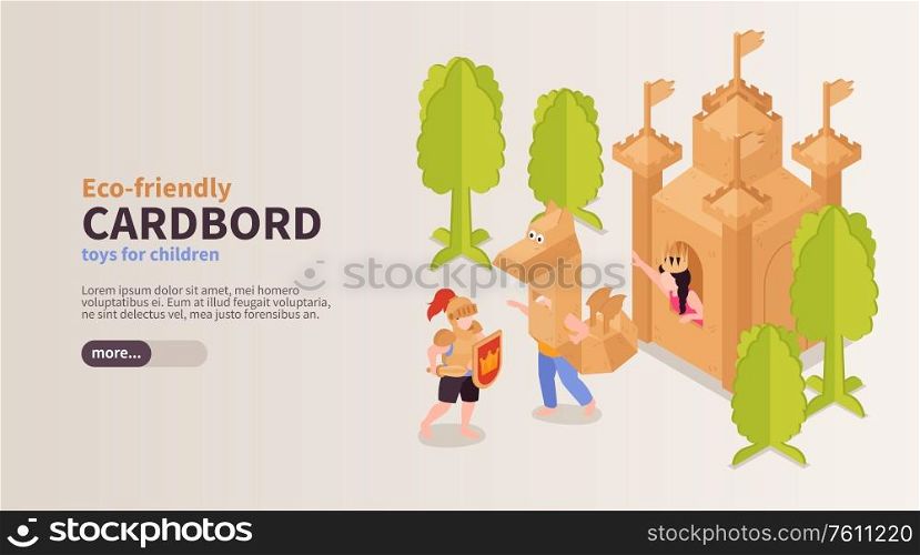 Eco friendly toys for children horizontal banner with boy and girl playing with cardboard castle and dragon isometric vector illustration