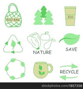 Eco friendly vector illustration set. Conservation of natural resources, processing, care for the environment. Environmental behavior concept.. Eco friendly vector illustration set.