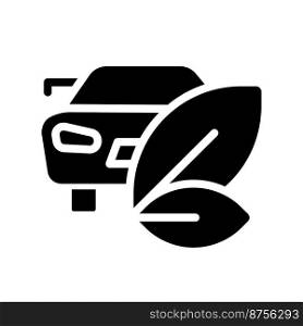 Eco friendly vehicle black glyph icon. Car working on biofuel. Environment care. Nature protection method. Silhouette symbol on white space. Solid pictogram. Vector isolated illustration. Eco friendly vehicle black glyph icon