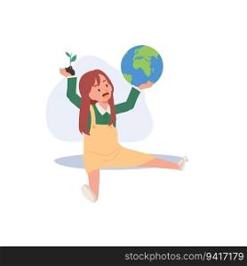 Eco go green concept. Cute cartoon little young girl plant a tree. a girl holding  earth and tree on her hands. 