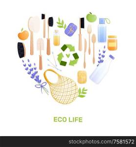 Eco goods flat composition with heart shaped set of isolated recyclable items and editable text vector illustration