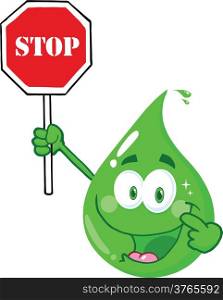 Eco Green Drop Character Holding A Stop Sign