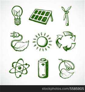 Eco green energy sketch icons set of leaf lightbulb sun panel and atom isolated vector illustration