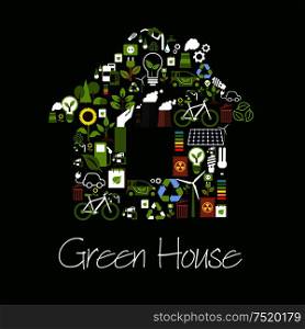 Eco green house symbol composed of saving energy light bulb, recycling sign, plant, tree, solar panel, wind turbine, electric car, biofuel, bicycle, battery, industrial plant pollution. Eco green house symbol with ecological icons