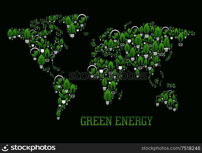 Eco green world map symbol with pattern of various light bulbs with leaves, stems and sprouts. Use as ecological design for green energy, renewable resources and save energy technology concepts. World map with pattern of light bulbs and leaves