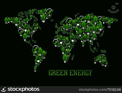 Eco green world map symbol with pattern of various light bulbs with leaves, stems and sprouts. Use as ecological design for green energy, renewable resources and save energy technology concepts. World map with pattern of light bulbs and leaves