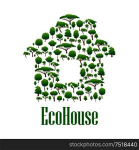 Eco house conceptual icon for ecology and environmental protection design with green trees and plants symbols arranged into silhouette of the house. Eco house symbol with green trees and plants