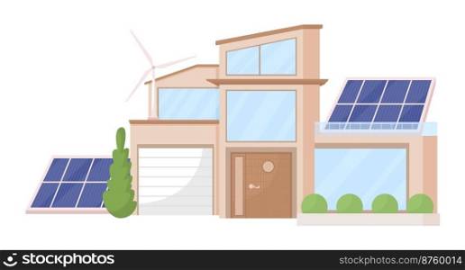 Eco house semi flat color vector object. Renewable power sources for home. Editable elements. Full sized items on white. Simple cartoon style illustration for web graphic design and animation. Eco house semi flat color vector object