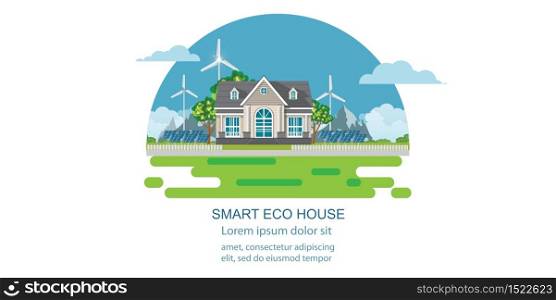 Eco house with solar panel and wind power.Green energy an eco friendly suburban house.Alternative energy conceptual vector illustration.