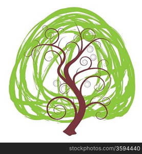 Eco icon with scribble tree and green leaves and brown trunk