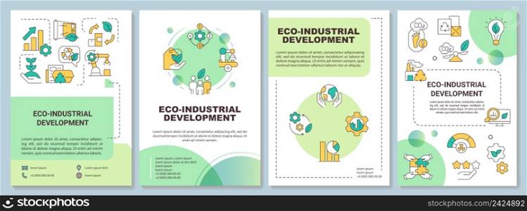 Eco industrial development green brochure template. Sustainable process. Leaflet design with linear icons. 4 vector layouts for presentation, annual reports. Arial-Bold, Myriad Pro-Regular fonts used. Eco industrial development green brochure template