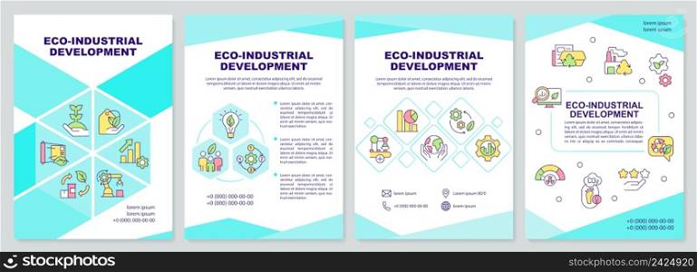 Eco industrial development mint brochure template. Sustainable process. Leaflet design with linear icons. 4 vector layouts for presentation, annual reports. Arial-Black, Myriad Pro-Regular fonts used. Eco industrial development mint brochure template