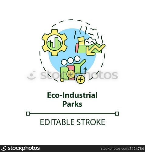 Eco-industrial parks concept icon. Reducing pollution. Area of industrial ecology abstract idea thin line illustration. Isolated outline drawing. Editable stroke. Arial, Myriad Pro-Bold fonts used. Eco-industrial parks concept icon