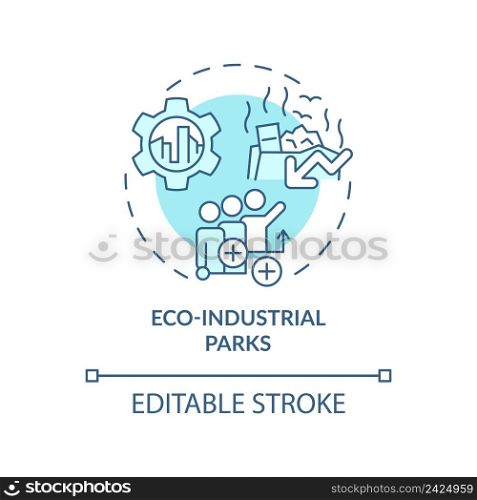 Eco-industrial parks turquoise concept icon. Area of industrial ecology abstract idea thin line illustration. Isolated outline drawing. Editable stroke. Arial, Myriad Pro-Bold fonts used. Eco-industrial parks turquoise concept icon
