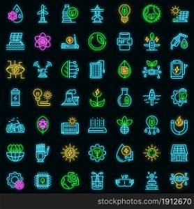 Eco innovation icons set. Outline set of eco innovation vector icons neon color on black. Eco innovation icons set vector neon