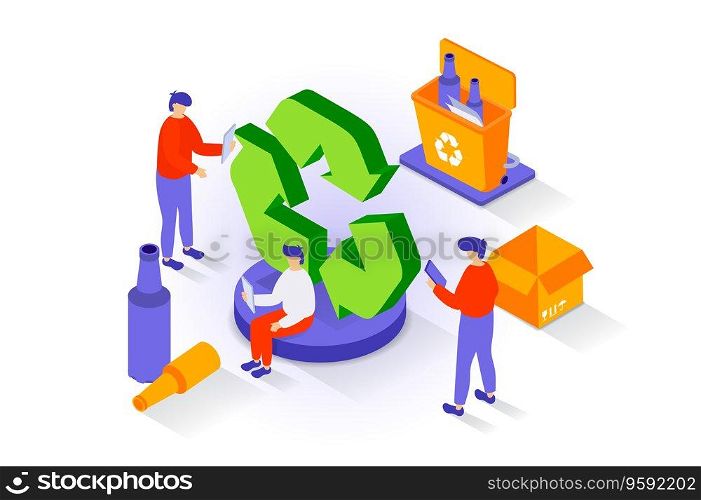 Eco lifestyle concept in 3d isometric design. People collecting and separating garbage in bins, recycle plastic bottles, zero waste and reuse. Vector illustration with isometry scene for web graphic