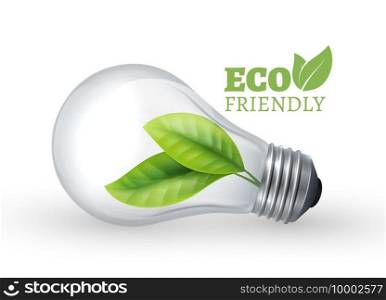 Eco light bulb. Eco friendly glass bulb with green leaf inside. Vector l&isolated on white background. Illustration eco energy green, electricity renewable. Eco light bulb. Eco friendly glass bulb with green leaf inside. Vector l&isolated on white background