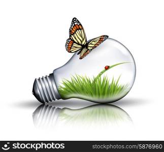 Eco light bulb with grass, a ladybug and a butterfly. Vector.