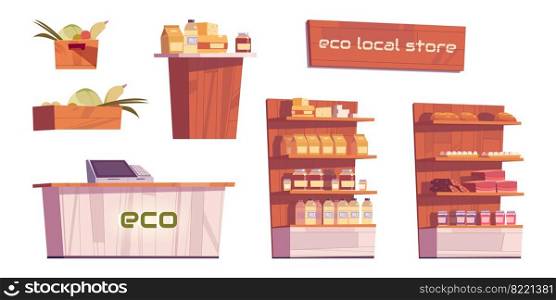 Eco local store furniture and products isolated on white background. Vector cartoon set of organic grocery shop interior with wooden counter and shelves with healthy ecological food. Eco local store set with furniture and products