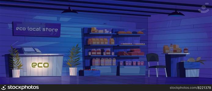 Eco local store with wooden counter, cashbox and organic products on shelves at night. Vector cartoon interior of empty grocery shop with healthy ecological food, fruits and vegetables. Eco local store interior at night