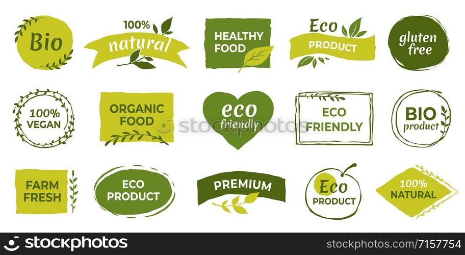 Eco logo. Organic healthy food labels and vegan products badge, nature farmed food tags. Vector design elements image gluten free and bio stickers or green tag natures quality. Eco logo. Organic healthy food labels and vegan products badge, nature farmed food tags. Vector gluten free and bio stickers
