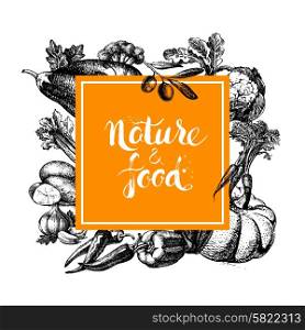 Eco natural food menu background. Sketch hand drawn vegetables frame. Vector illustration
