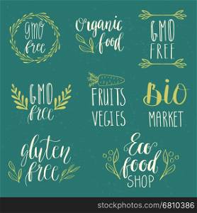 Eco, nature, vegan, bio food logos. Handwritten lettering. Vector elements for labels, logos, badges, stickers or icons. Calligraphic and typographic collection