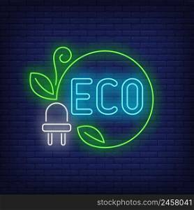 Eco neon lettering and power plug with green cord and leaves. Environment, nature, ecology design. Night bright neon sign, colorful billboard, light banner. Vector illustration in neon style.