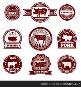 Eco organic free pasture livestock premium quality farm production butchery emblems icons set abstract isolated vector illustration. Eco farm butchery emblems
