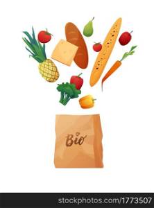 Eco paper shopping bag with food. Bread, carrot, cheese, juice. Zero waste concept. Vector cartoon illustration.