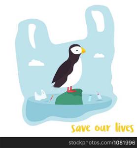 Eco poster. Cute puffin inside the plastic bag. Environment protection. No more plastic. Eco poster. Cute puffin inside the plastic bag