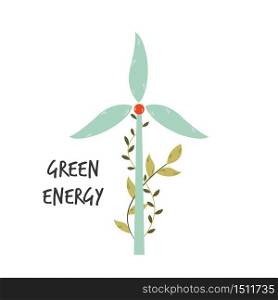 Eco poster with windmill for electric power generation. Green energy concept. Vector illustration. Eco poster with windmill for electric power generation.