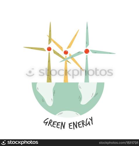 Eco poster with windmills for electric power generation. Vector illustration. Eco poster with windmills for electric power generation.