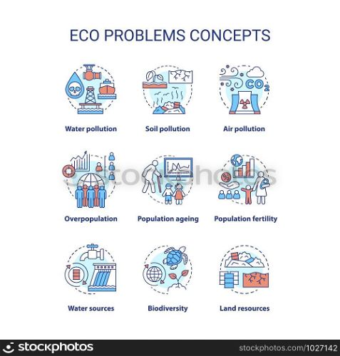 Eco problems concept icons set. Ecological disaster idea thin line illustrations. Pollution of water, soil & air. Overpopulation and biodiversity. Vector isolated outline drawings. Editable stroke