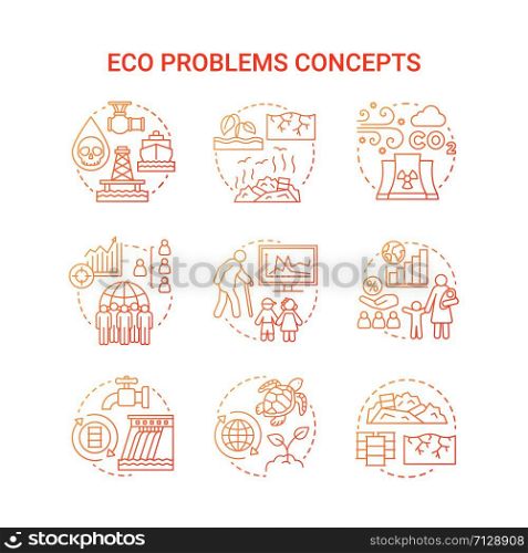 Eco problems concept icons set. Ecological disaster idea thin line illustrations in red. Pollution of water, soil & air. Overpopulation and biodiversity. Vector isolated outline drawings