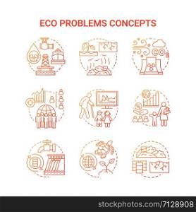 Eco problems concept icons set. Ecological disaster idea thin line illustrations in red. Pollution of water, soil & air. Overpopulation and biodiversity. Vector isolated outline drawings