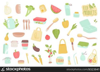 Eco products isolated objects set. Collection of wooden dishes, toothbrush, glass bottles, string bags, paper cup, hygiene tools, organic food. Vector illustration of design elements in flat cartoon