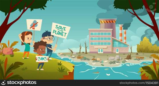 Eco protest, kids with save planet banners strike against ecology pollution at factory with smoking pipes, rubbish floating in polluted ocean, lie on beach, deforestation. Cartoon vector illustration. Eco protest, kids with save planet banners strike