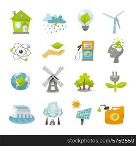 Eco renewable recycling energy icons flat set isolated vector illustration. Eco Energy Icons Flat