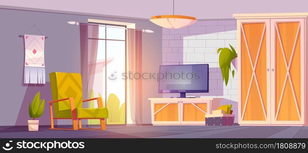 Eco rustic interior, living room in minimal style with furniture of natural ecological materials wood and textile. Cartoon vector apartment with cozy seat front of tv set, brick wall and large window. Eco rustic interior, living room in minimal style