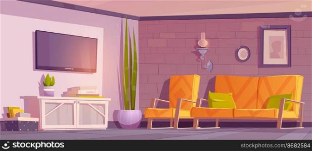 Eco rustic interior, living room with furniture of natural ecological materials wood and textile. Cartoon vector apartment in minimal style with cozy couch front of tv set and lantern on brick wall. Eco rustic interior, living room with furniture