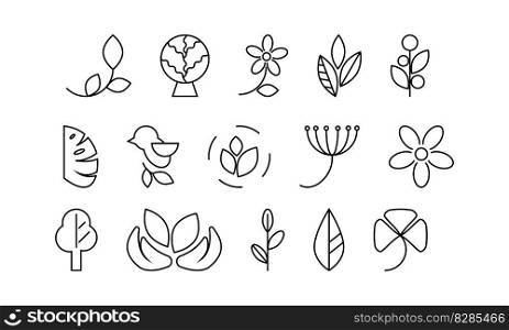 Eco set of black line icons with leaves, plants, tree, bird and flower on white background. Used for cosmetic, chocolate, eco products. Eco set of black line icons with leaves, plants, tree, bird and flower on white background