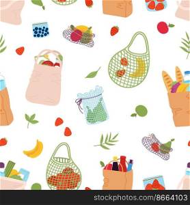 Eco shopping bags. Fruits and grocery store packs, craft paper bag with food. Fresh market products, zero waste vector seamless pattern. Illustration of grocery food vegetables. Eco shopping bags. Fruits and grocery store packs, craft paper bag with food. Fresh market products, zero waste vector seamless pattern