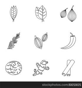 Eco spices and herb icon set. Outline set of 9 eco spices and herb vector icons for web isolated on white background. Eco spices and herb icon set, outline style