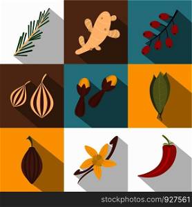 Eco spices icon set. Flat style set of 9 eco spices vector icons for web design. Eco spices icon set, flat style