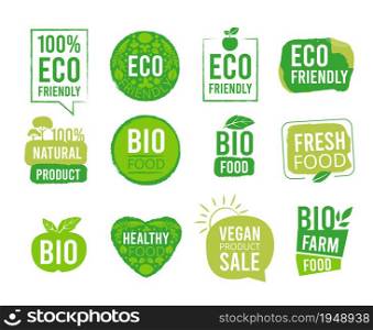 Eco sticker. Vegetarian natural healthy food labels tags for market packages fresh ecology mark products vector badges. Market badge fresh, bio stamp mark illustration. Eco sticker. Vegetarian natural healthy food labels tags for market packages fresh ecology mark products vector badges