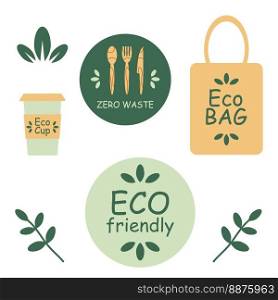 Eco stickers, vector. Eco cup, eco bag, stickers Zero waste and Eco friendly, leaves.
