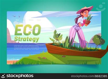 Eco strategy banner with woman planting flowers in old boat on sea beach. Vector landing page of environment conservation with cartoon summer landscape of sand ocean shore with broken ship in grass. Eco strategy banner with woman planting flowers